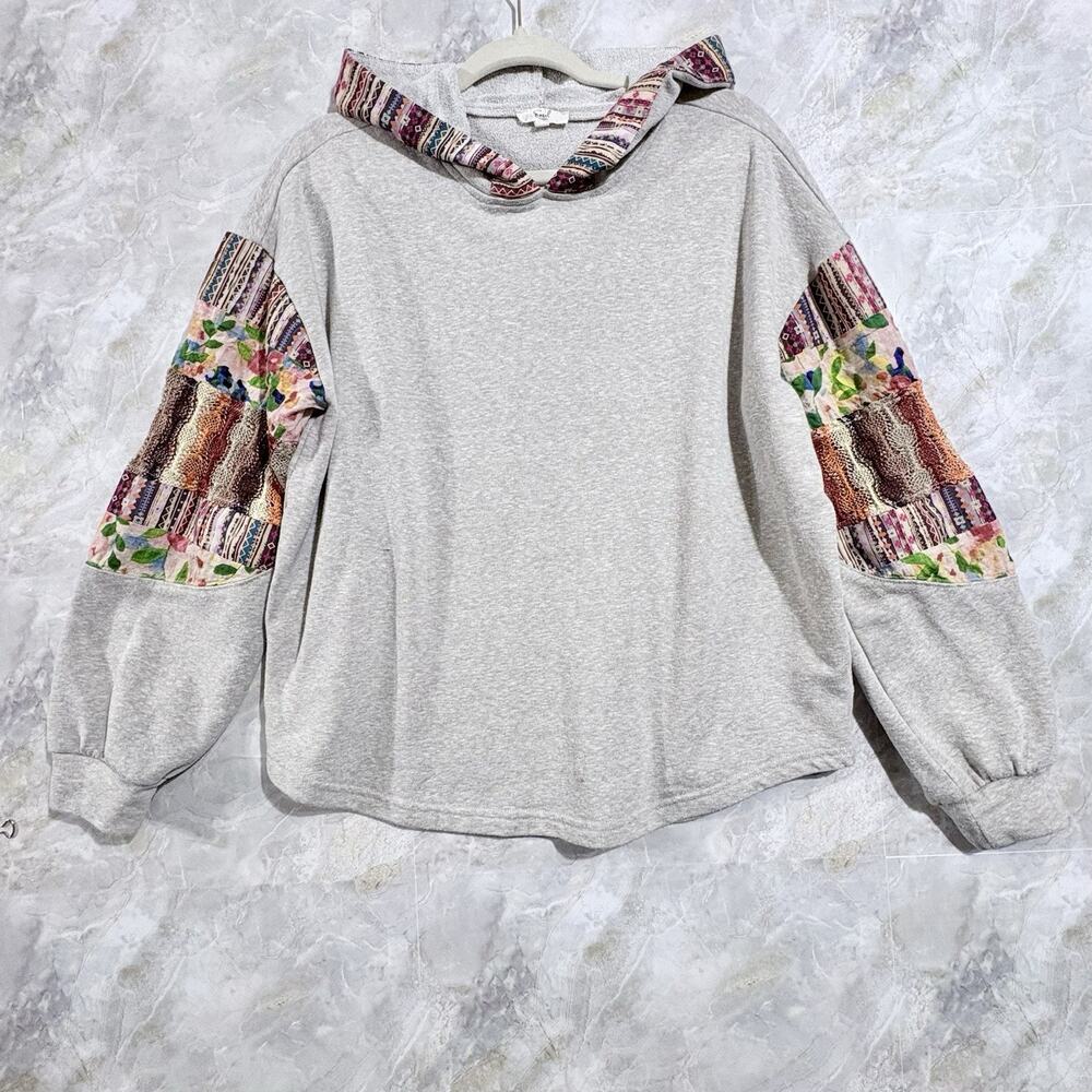 Easel Oversized Crochet Sleeves Patch Terry Pullover Hoodie in Beige Size L